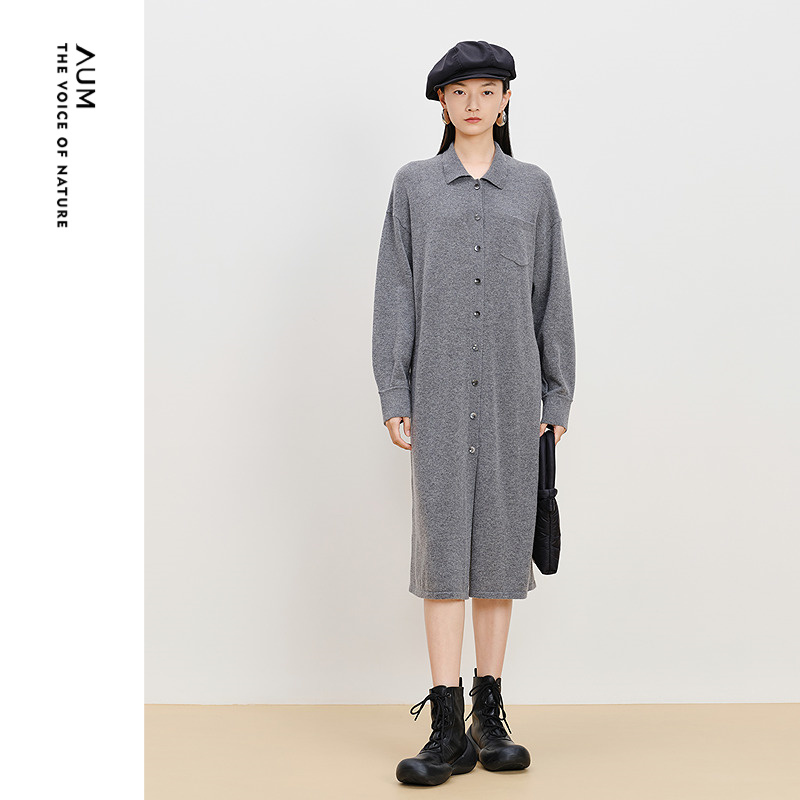 【可颂裙】AUM噢姆冬季精纺羊毛针织衬衫连衣裙灰色宽松休闲长裙