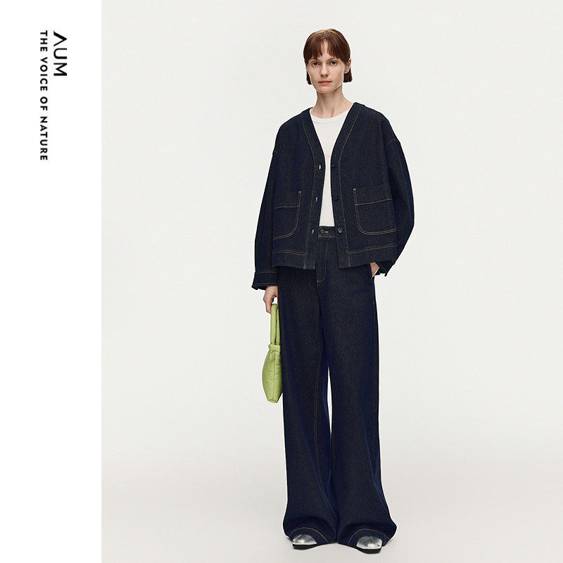 【轻松套装】AUM噢姆2026年春季新款复古牛仔短款外套宽松弯刀裤