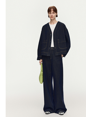 【轻松套装】AUM噢姆2026年春季新款复古牛仔短款外套宽松弯刀裤