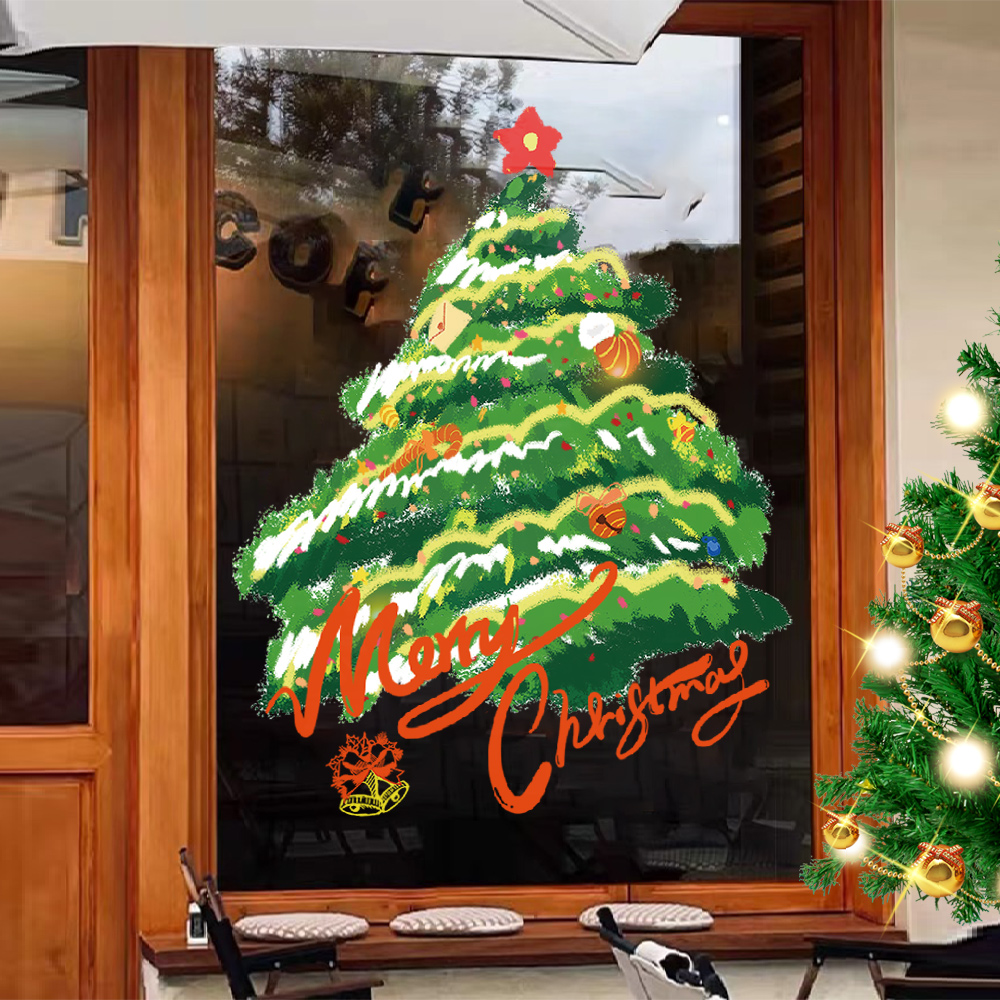 2026圣诞节装饰橱窗贴纸圣诞树耶诞玻璃门贴氛围布置静电贴窗贴画