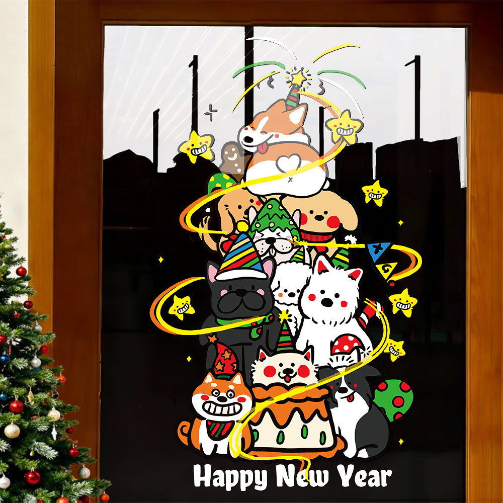 2026新年圣诞节卡通小狗橱窗玻璃装饰布置贴纸UV静电窗花窗贴门贴