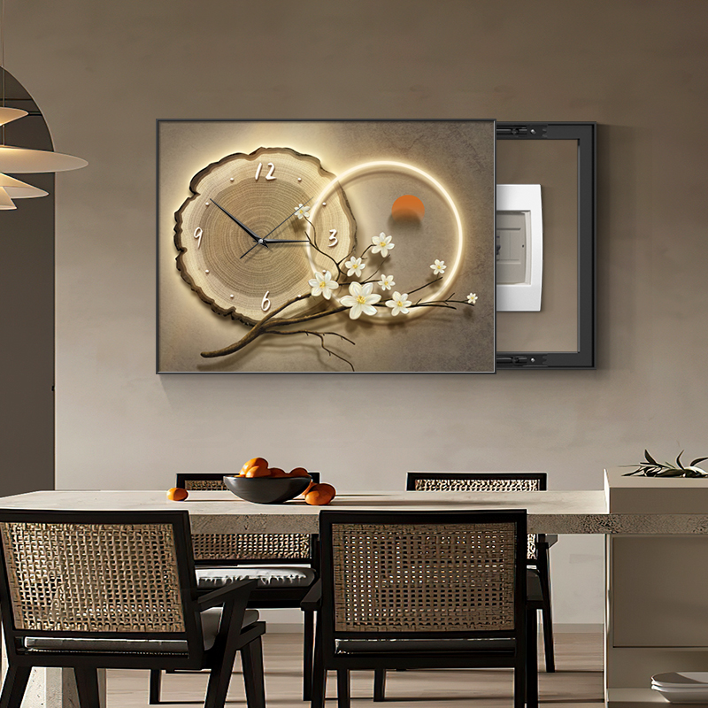 侘寂风餐厅电表箱装饰画强弱电箱遮挡挂画轻奢客厅静物带挂钟壁画