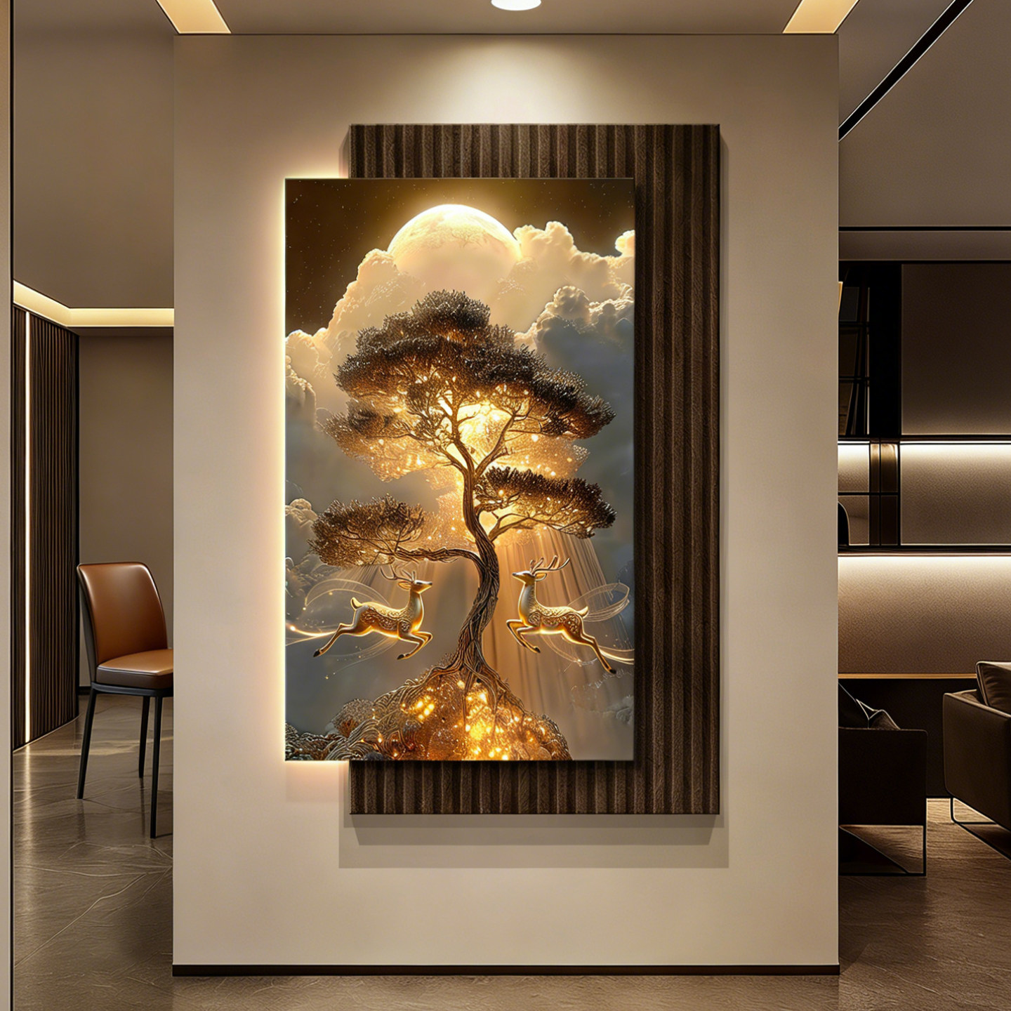 发财树2026新款玄关装饰画入户正对门麋鹿挂画走廊过道高级感壁画