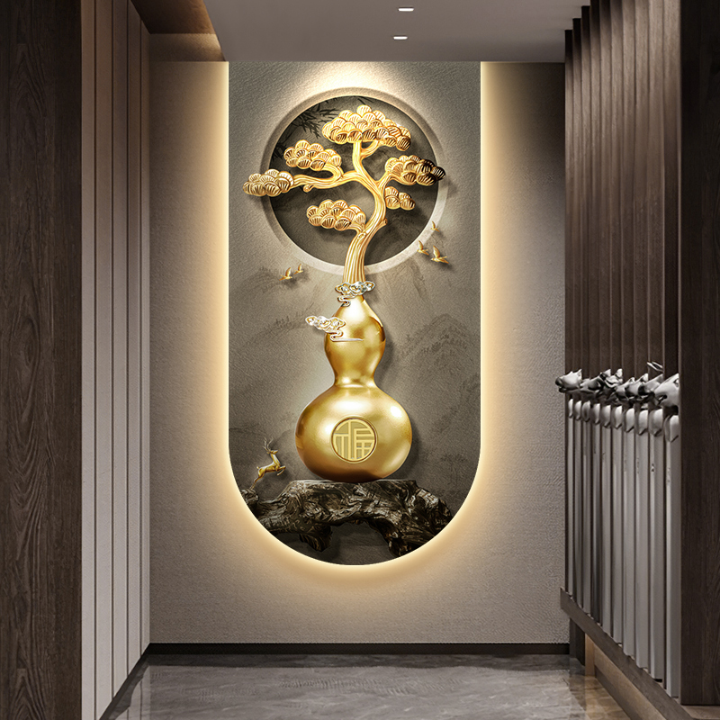 新中式玄关装饰画轻奢大气五福临门葫芦挂画高档走廊过道发光壁画