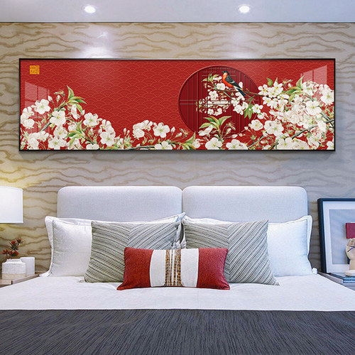 新中式客厅装饰画大气中国红国潮横幅挂画卧室日式古风背景墙壁画