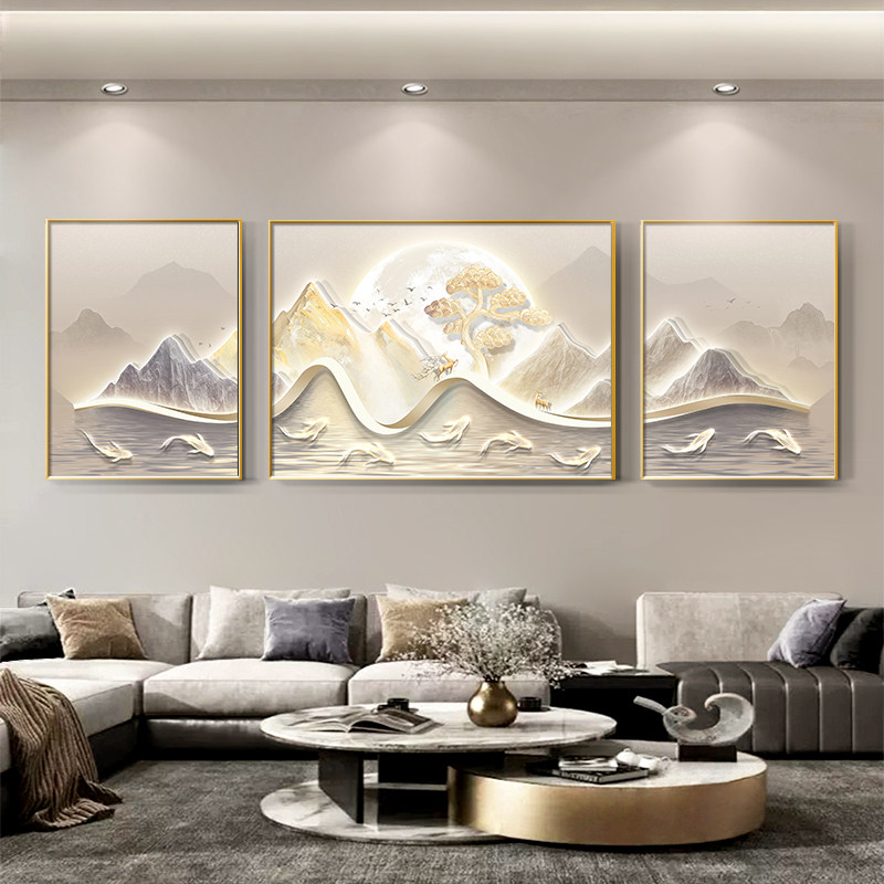 现代轻奢客厅装饰画寓意好九鱼图沙发背景墙挂画大气山水三联壁画,家居饰品,现代装饰画,淘宝优惠券,粉丝福利购,淘宝优惠卷