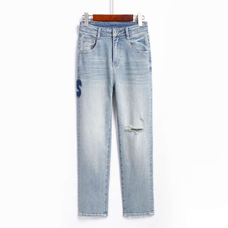 破洞直筒牛仔裤女九分法棍烟管裤
