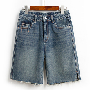 女五分裤 高腰宽松显瘦休闲直筒中裤 夏季 2023新款 薄款 复古牛仔短裤