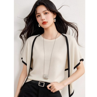 R6121品牌女装 披肩撞色两件套宽松百搭显瘦上衣 2026春夏冰丝短袖