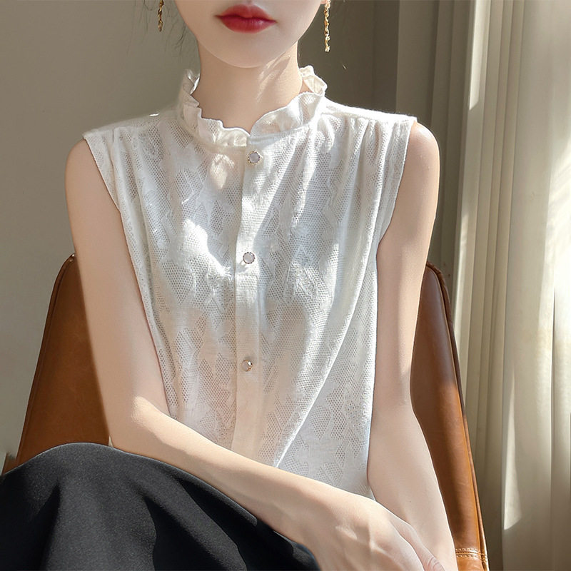 丝光绒2026春夏新款女装木耳边领扣无袖针织打底衫上衣短袖背心