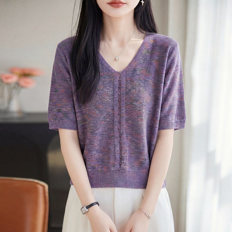 2026春夏季女装新款天丝七彩棉针织衫女T恤女V领短袖背心外贸批发