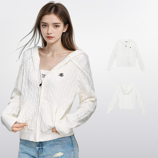 美式白色连帽针织开衫女设计春秋季修身拉链麻花毛衣外套显瘦上衣