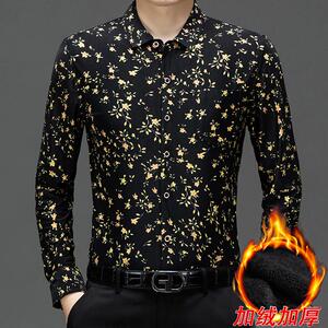 秋冬男士加绒加厚衬衫爸爸装碎花抗皱商务休闲免烫加绒保暖衬衣