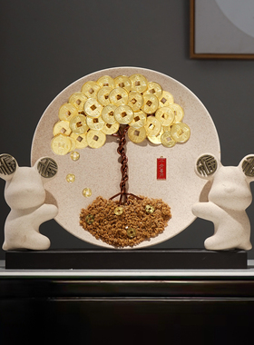 新中式发财树挂盘平安喜乐电视酒柜摆件轻奢暖居客厅摇钱树装饰品