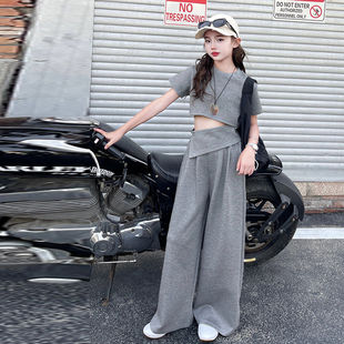 百搭夏季 运动风夏装 新款 长裤 简约两件套潮 儿童不规则短袖 女童套装