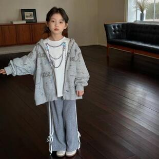 女童外套秋冬百搭新款洋气儿童秋装连帽印花卫衣女孩秋季开衫上衣