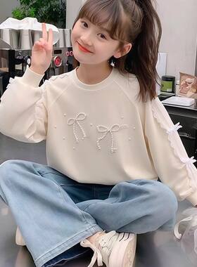 女童卫衣春秋百搭新款儿童长袖圆领上衣女大童秋季蝴蝶结打底衫
