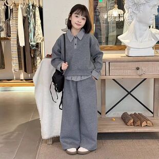 女童套装春秋款百搭新款大童衣服儿童春装格子拼接阔腿裤假两件套