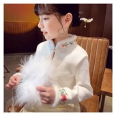 女童中国风刺绣上衣新中式 洋气新款 小女孩加绒打底衫 儿童T恤冬装