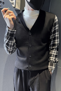 6612-P78 男士格子袖拼接开衫针织衫毛衣草坡青年i外套 控108图片