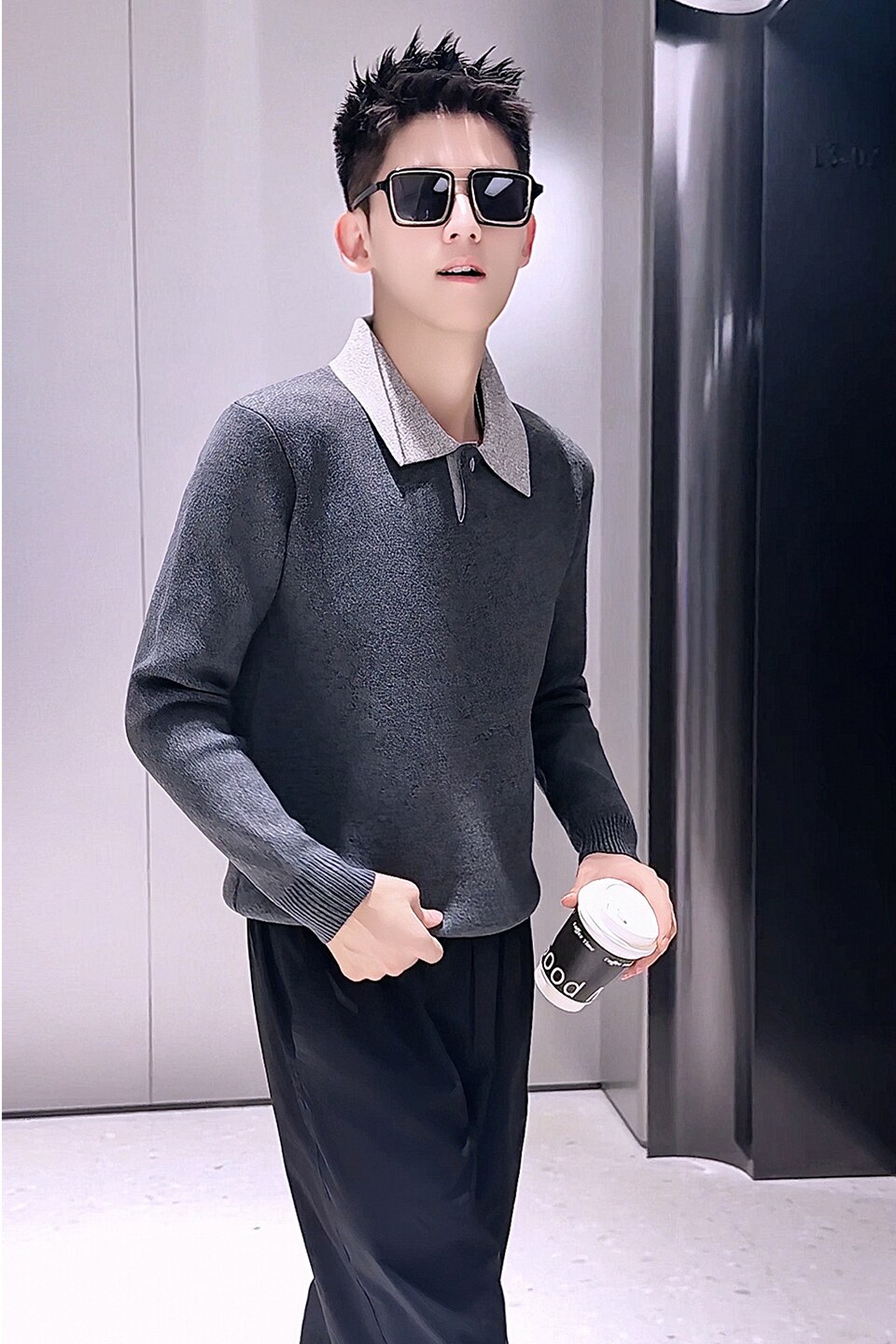 M53-P88男士翻领长袖针织衫撞色休闲百搭修身打底毛衣潮流,男装T恤,电商D319
