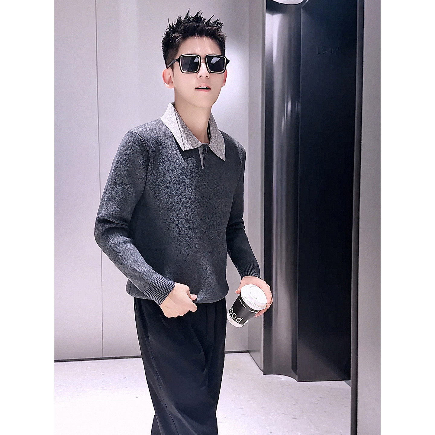 M53-P88男士翻领长袖针织衫撞色休闲百搭修身打底毛衣潮流,男装T恤,电商D319