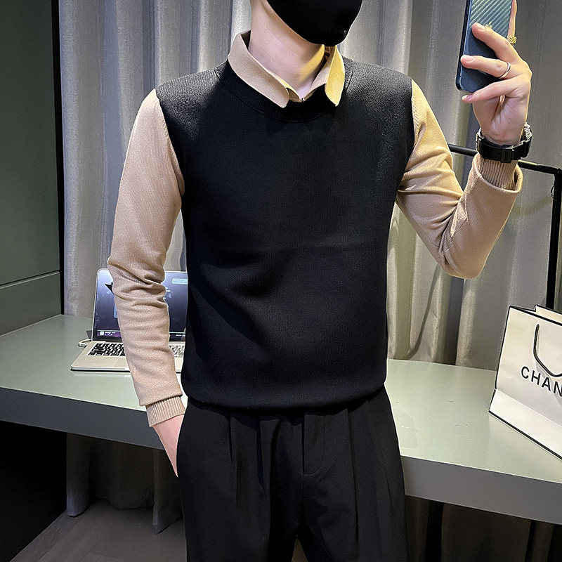 6682-P78 冬季时尚假两件长袖针织衫拼接男士毛衣体恤-5 控108图片