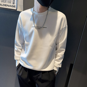 6597-P68秋冬新款拼接圆领套头卫衣男潮流长袖T恤-1控98,秋季黑色字母开衫针织衫搭配图片