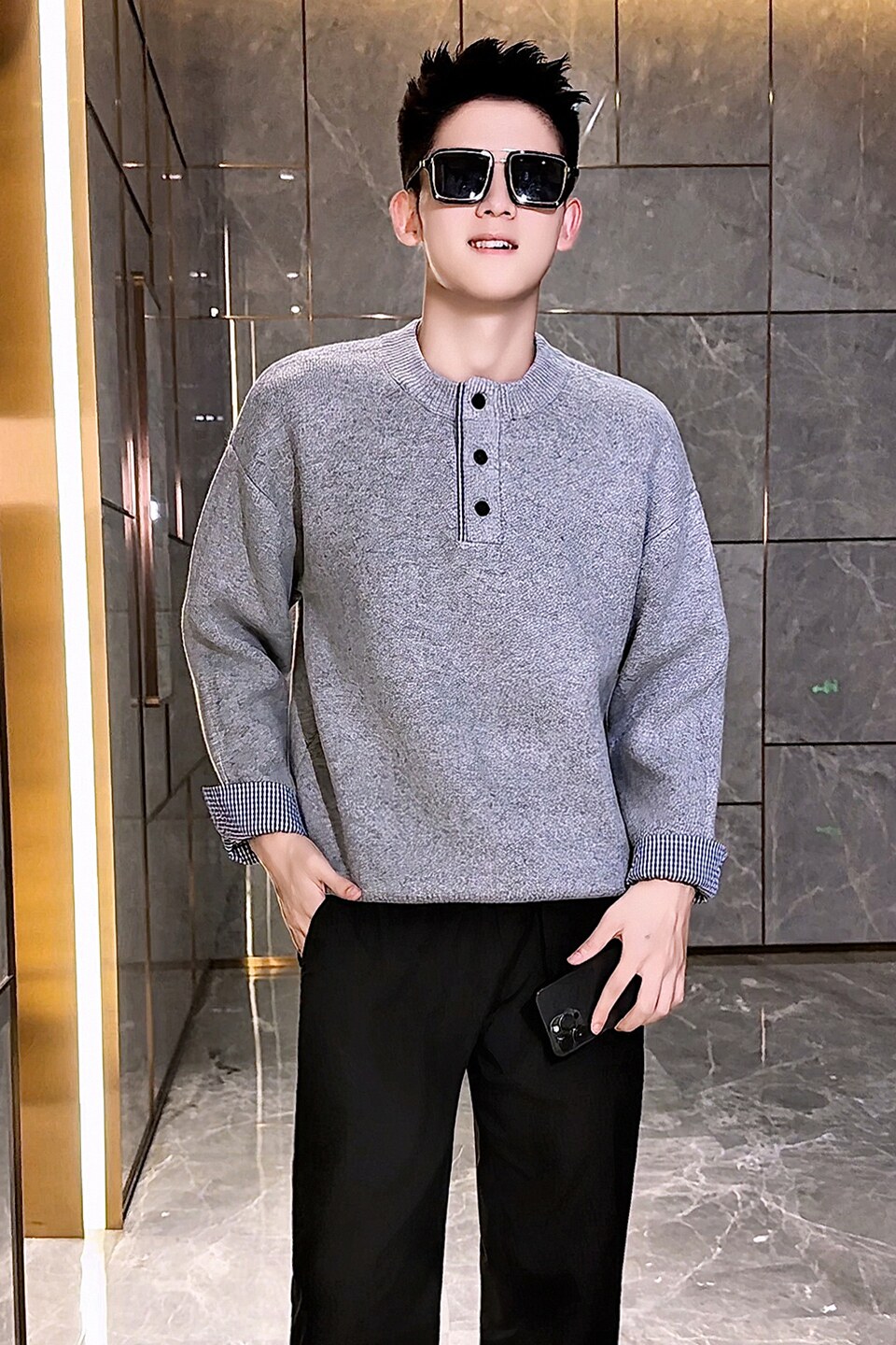 M58-P98高级感潮男假两件圆领针织毛衣外套,男装针织衫/毛衣,电商D319