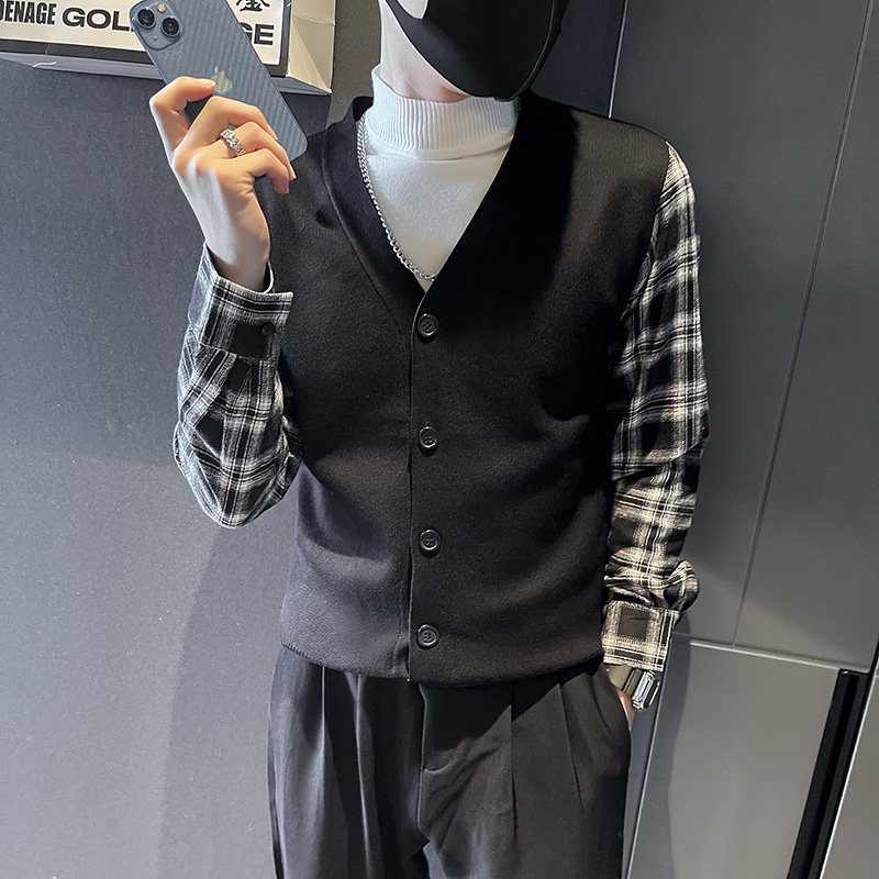 6612-P78男士格子袖拼接开衫针织衫毛衣草坡青年i外套控108,男装针织衫/毛衣,电商D319