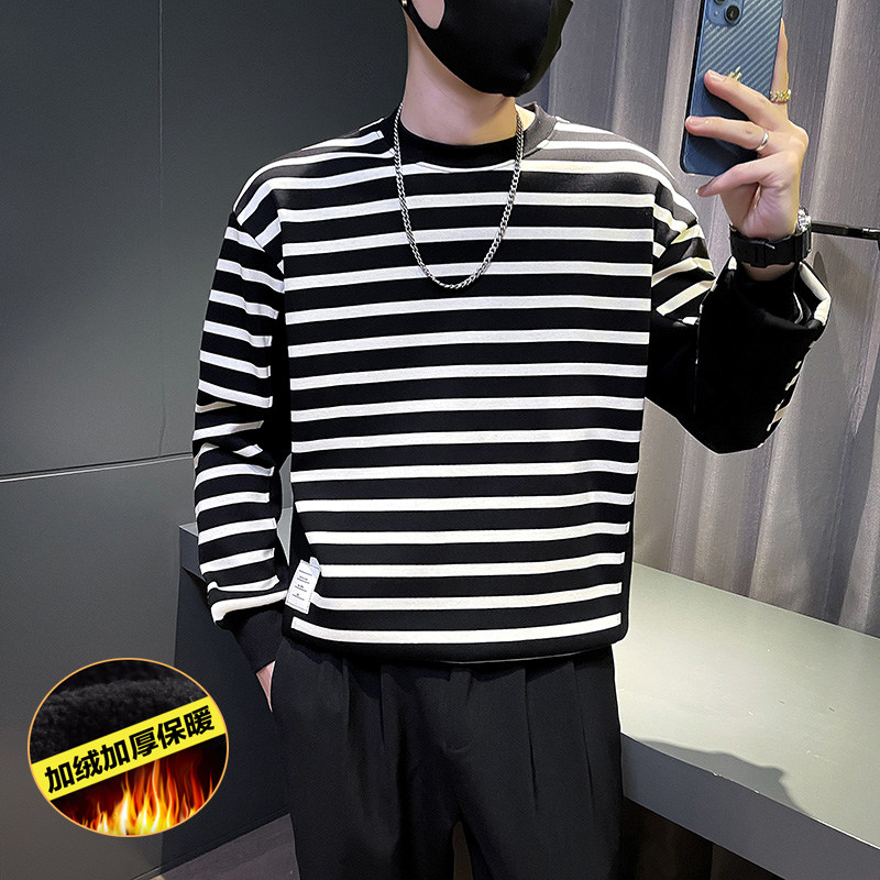 6698-P78 冬季时尚条纹拼接加绒加厚长袖男士卫衣-1 控108图片