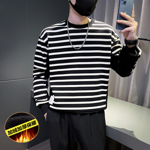 6698-P78 冬季时尚条纹拼接加绒加厚长袖男士卫衣-1 控108图片