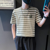 6486-P48夏季条纹T恤ins潮牌短袖新款半截袖男装上衣百搭-1控68，男装T恤，电商D319