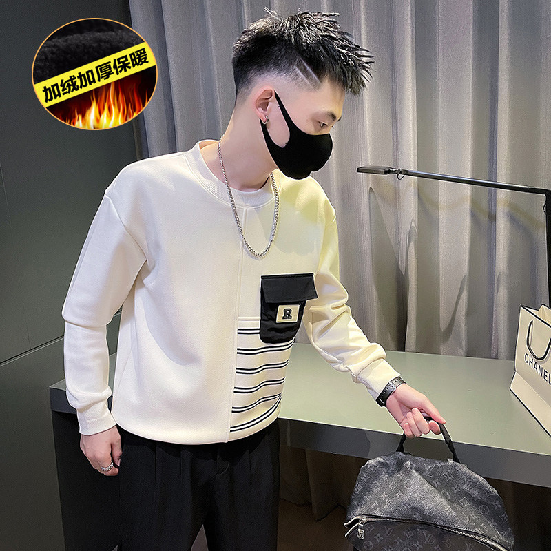 6686-P78 冬季加绒加厚男士卫衣保暖拼接条纹内搭T恤-7 控108图片