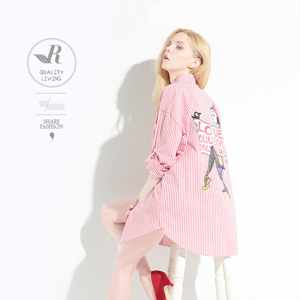 奥利弗韩范潮流女式卡通长袖衬衫