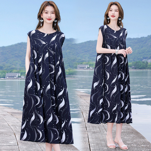 新棉绸连衣裙女大码 碎花裙气质沙滩裙妈妈睡裙 凉爽透气人造棉无袖