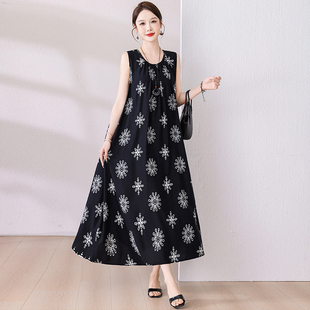 沙滩裙气质妈妈裙淑女裙 减龄棉绸连衣裙女凉爽透气无袖 夏季 新时尚