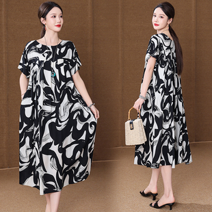 新款 人造棉碎花裙200斤凉爽透气中年妈妈睡裙 棉绸连衣裙女中长款