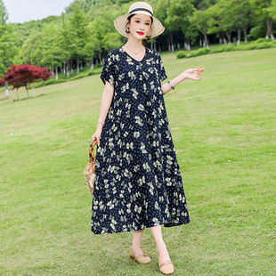 洋气时尚 减龄棉绸连衣裙女高级感人造棉凉爽妈妈流行沙滩裙大摆裙