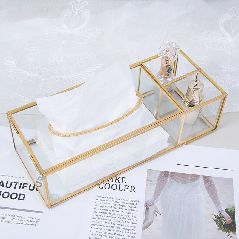 北欧轻奢高档黄铜玻璃纸巾盒 ins创意家用办公桌面防尘三格抽纸盒