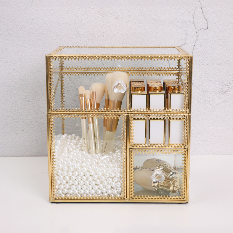 复古翻盖防尘玻璃金色整理盒口红