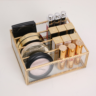 轻奢玻璃粉饼眼影收纳盒梳妆台桌面防尘口红化妆品分隔式置物盒子