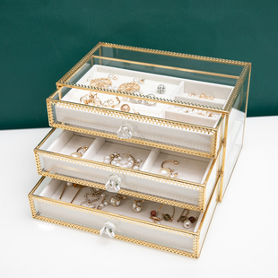 轻奢玻璃首饰盒公主耳环耳钉项链戒指收纳盒金边多层饰品盒高级感