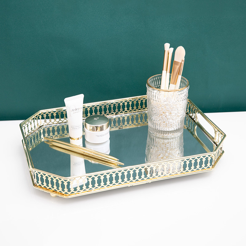 北欧家用客厅金属玻璃收纳托盘现代家居装饰摆件香水化妆品收纳盘