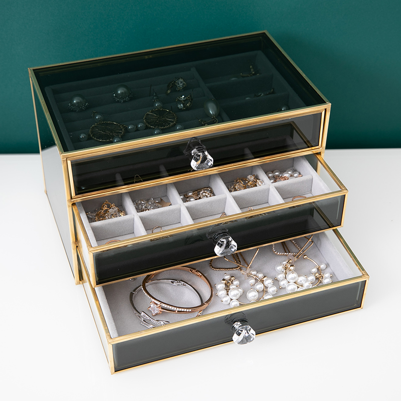 欧式玻璃首饰盒饰品珠宝收纳盒桌面耳环项链戒指手表整理盒防尘