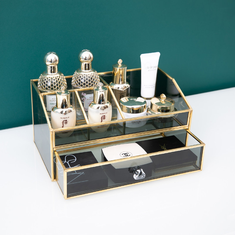玻璃化妆品收纳盒抽屉式高档奢华梳妆台桌面香水护肤品置物架整理