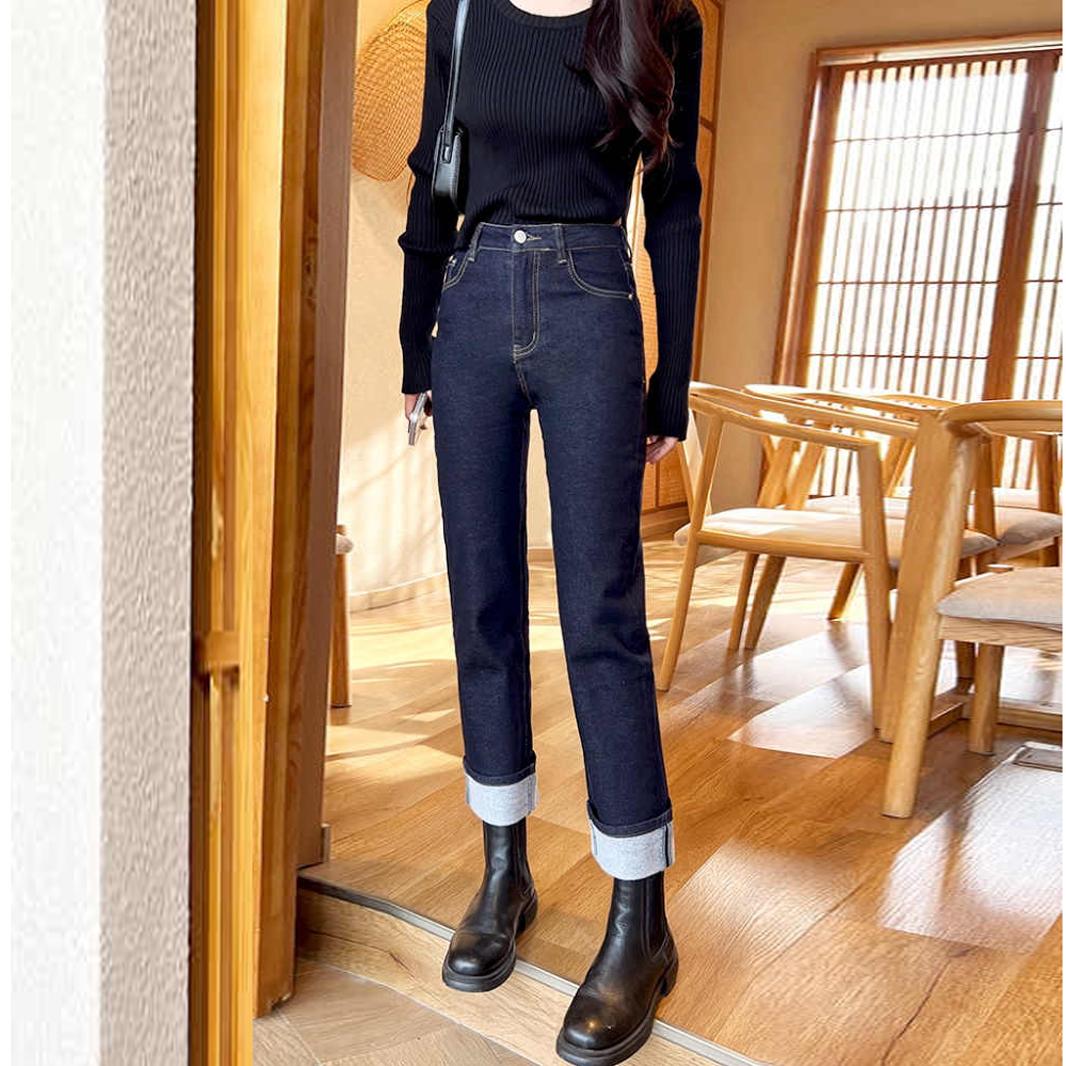 牛仔原色牛仔裤女冬九分直筒