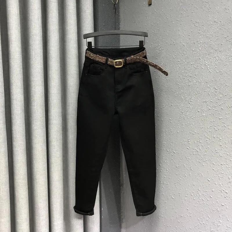 纯黑色牛仔裤女高腰哈伦裤