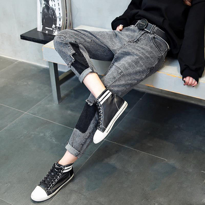 灰色拼接牛仔裤女九分