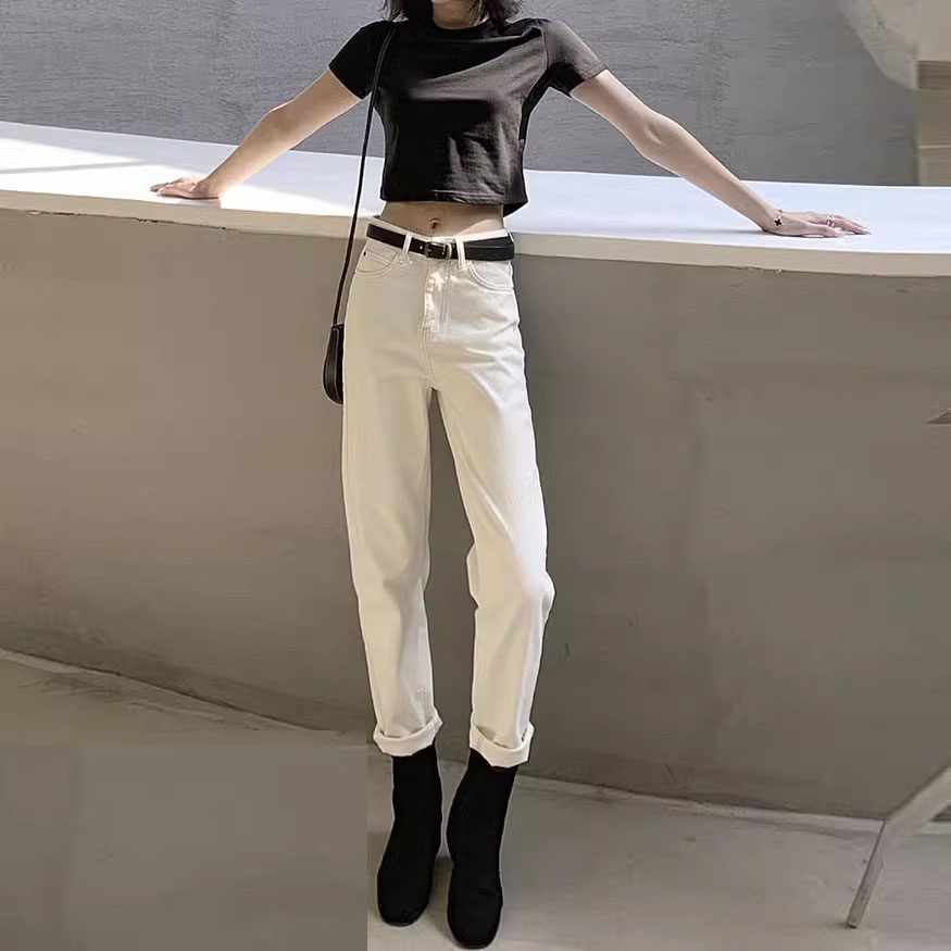 白色牛仔裤女九分长裤大码高腰